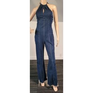 Ladies Dark Wash Denim HalterJumpsuit • Wide Barrel Leg • Back Zipper Size Small